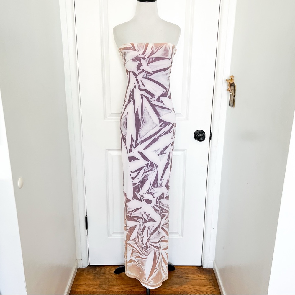Paola Frani Purple and Cream Strapless Bodycon Maxi Dress size 8
